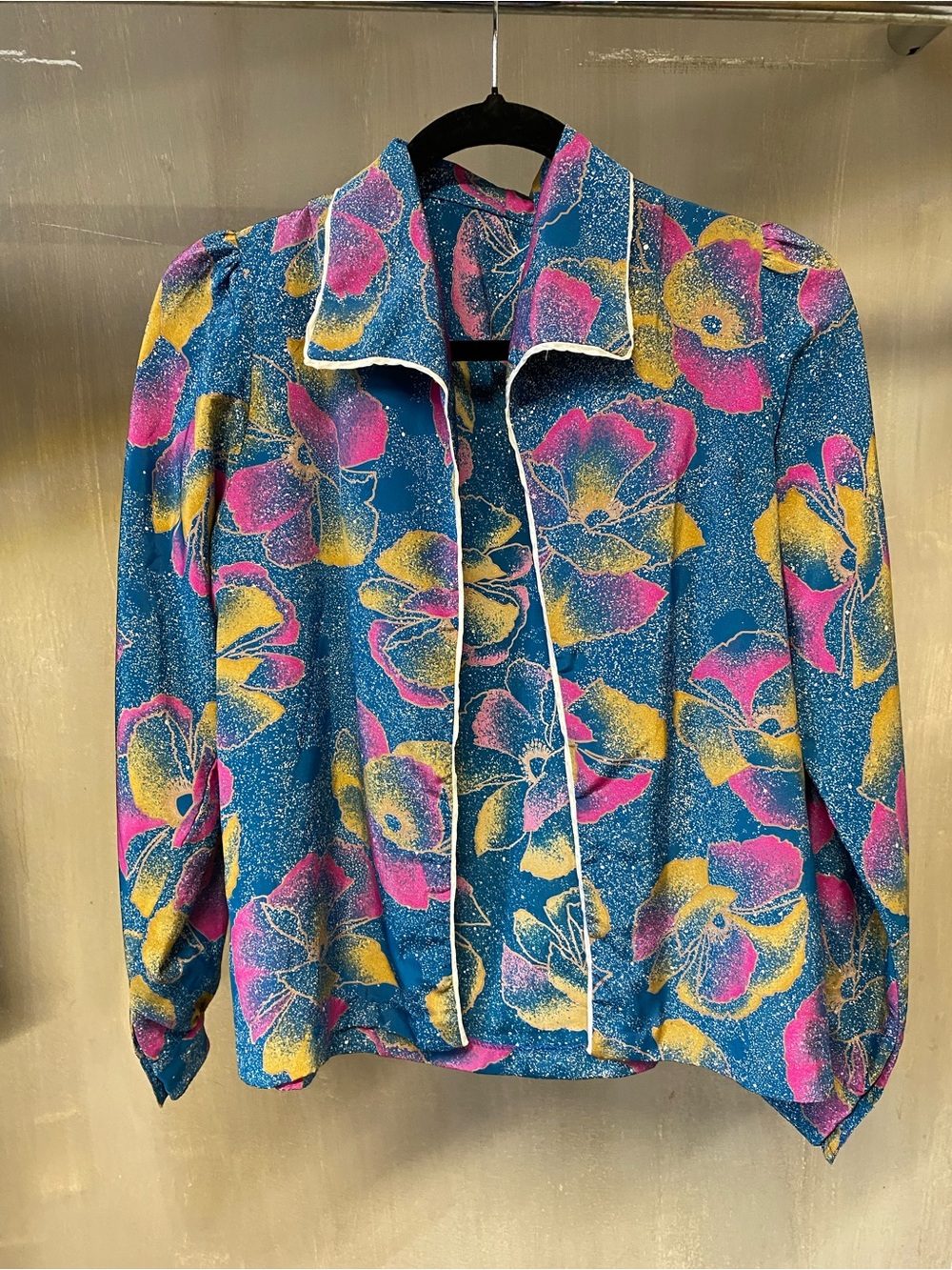 Vintage Floral Button-Up Blouse in Teal, Pink & Yellow
